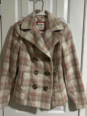 Tan & Red Plaid Double-Breasted Pea Coat, Size S